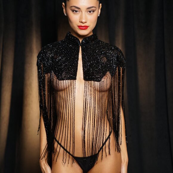 Black Fringe Cape, Beaded Rhinestone Shawl, Luxury Sequin Cape - Picture 8 of 13